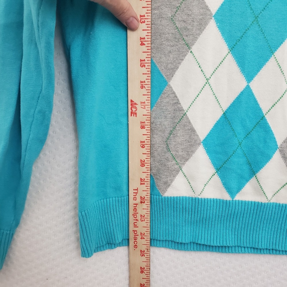 Izod Womens Gray Turquoise Blue Ivory Argyle Sweater V-Neck Long Sleeve Sz L - Picture 6 of 8